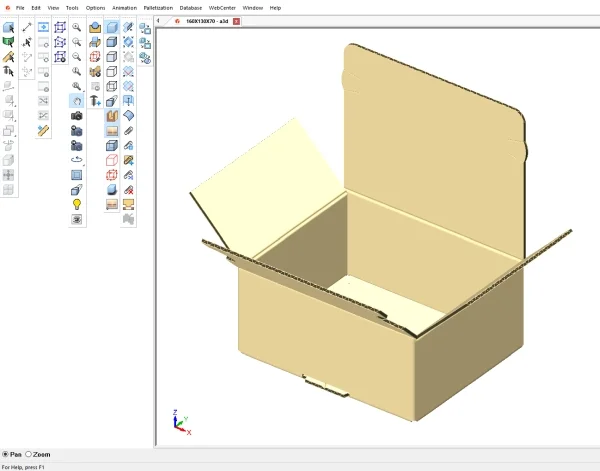 Åben bølgepapkasse vist i emballagedesignsoftware